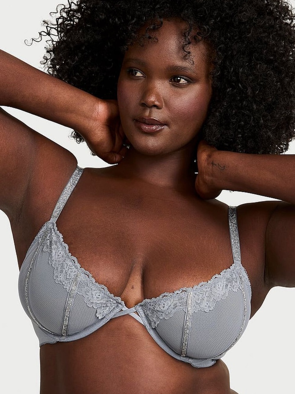 Victoria’s Secret | Sheer Shine Rose Unlined Low-Cut Demi Bra Asteroid Gray 32D
